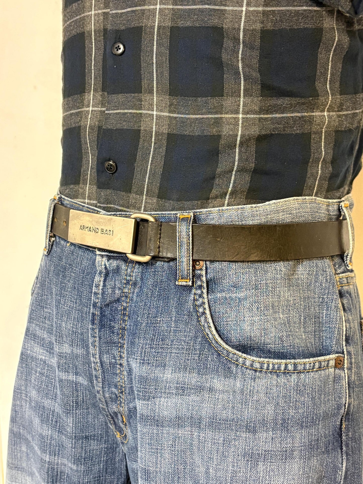 Armand Basi 90s vintage thick black genuine leather belt with distressed wide rectangular metal logo buckle. Single piece cowhide. Mens