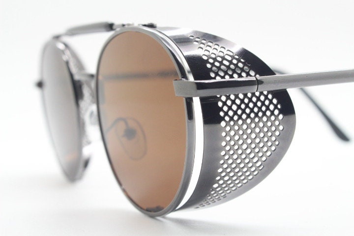 90s vintage round goggle sunglasses. All metal grey chrome frame with folding blinkers and brown lenses. Spoilers. Steampunk. NOS