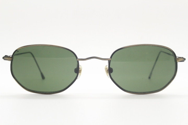 90s  vintage metal oval sunglasses. Minimal brushed brown bronze finish slim wire  frame with green lenses. Steampunk. Unused NOS
