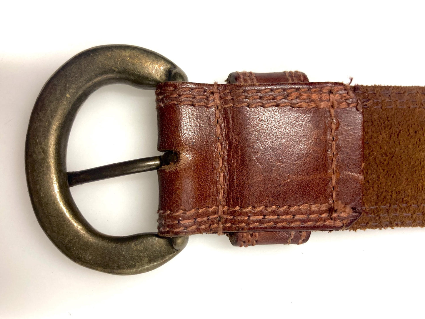 80s vintage jeans or trousers belt with brass buckle. Tan brown substantial single cut genuine leather construction with triple stitching