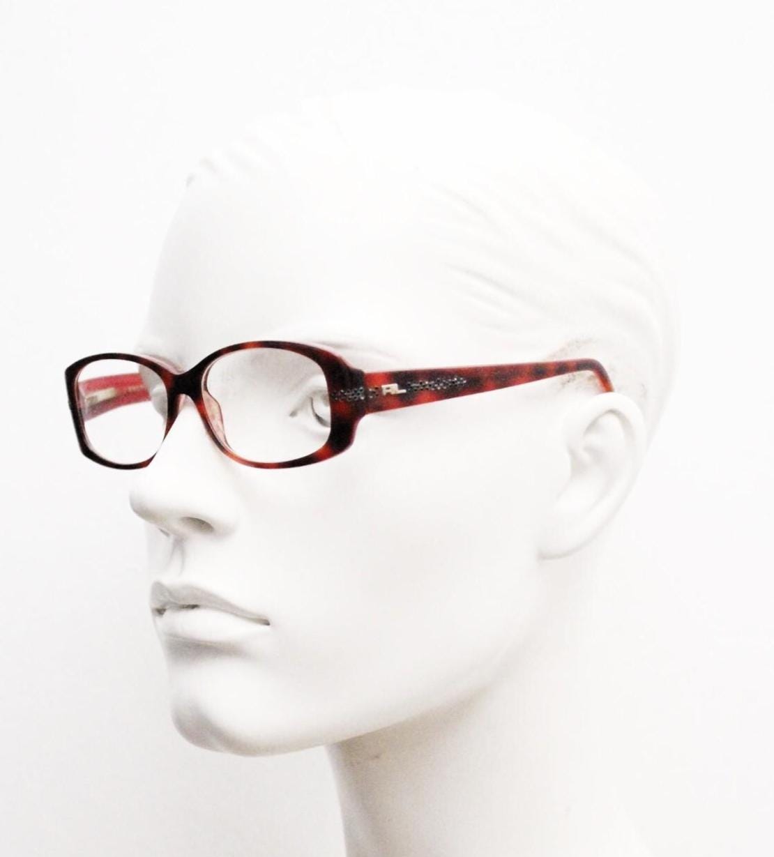 Ralph Lauren rectangular eye glasses made in Italy. Black and dark red acetate optical frame and dark diamantes. Vintage Y2K RX spectacles