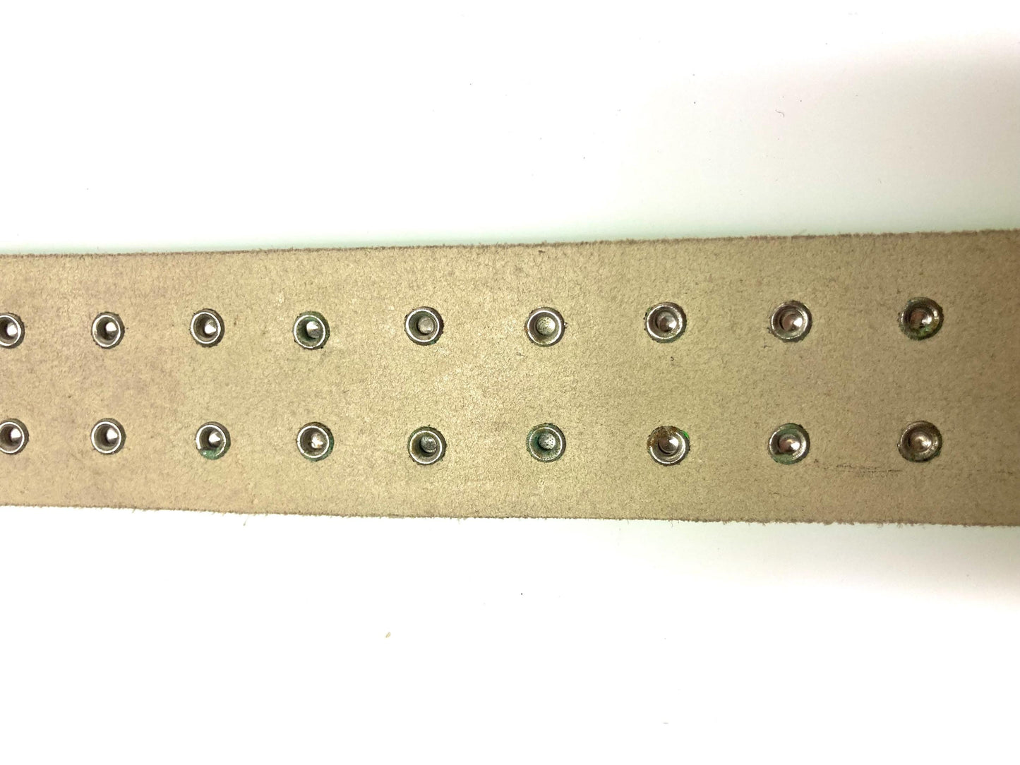 80s vintage thick genuine leather studded belt Made in the UK. Green dayglo with changeable buckle and 2 rows of conical metal studs. NOS M