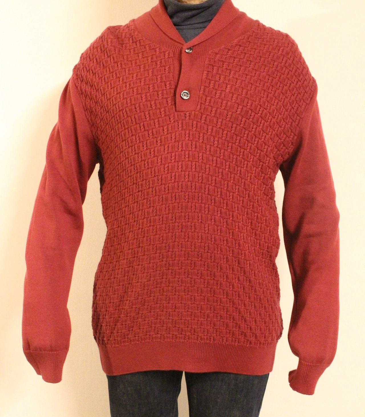 Gabicci vintage waffle knit pullover jumper with small buttoned shawl collar. Mens red sweater. Size XL. NOS clearance item -rrp 80 GBP