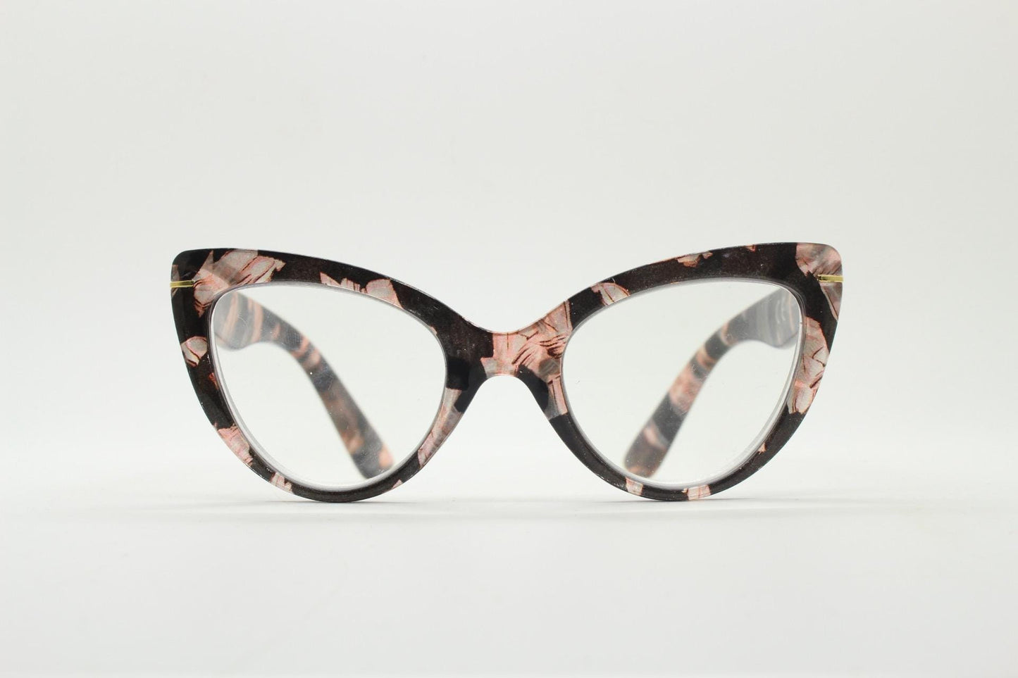 Dynamic pointed cat eye glasses. Transparent chunky cateye optical frame with pink and grey abstract pattern. Vintage Prescription RX