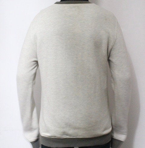 YMC slim fit ribbed collar crew neck sweatshirt with big surfer print. Round neck pullover. Mens medium jumper. Exclusive vintage sample