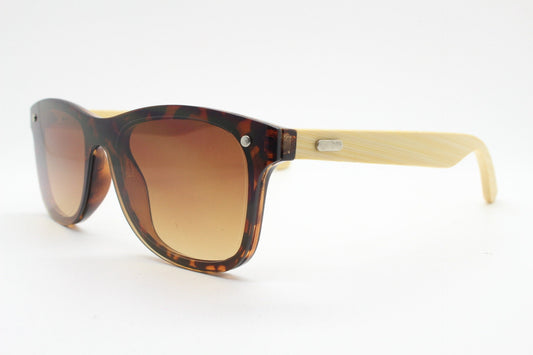 Vintage Y2K modified wayfarer style hand made sunglasses. Tortoise flat front monolens design with real wooden arms. Unused NOS