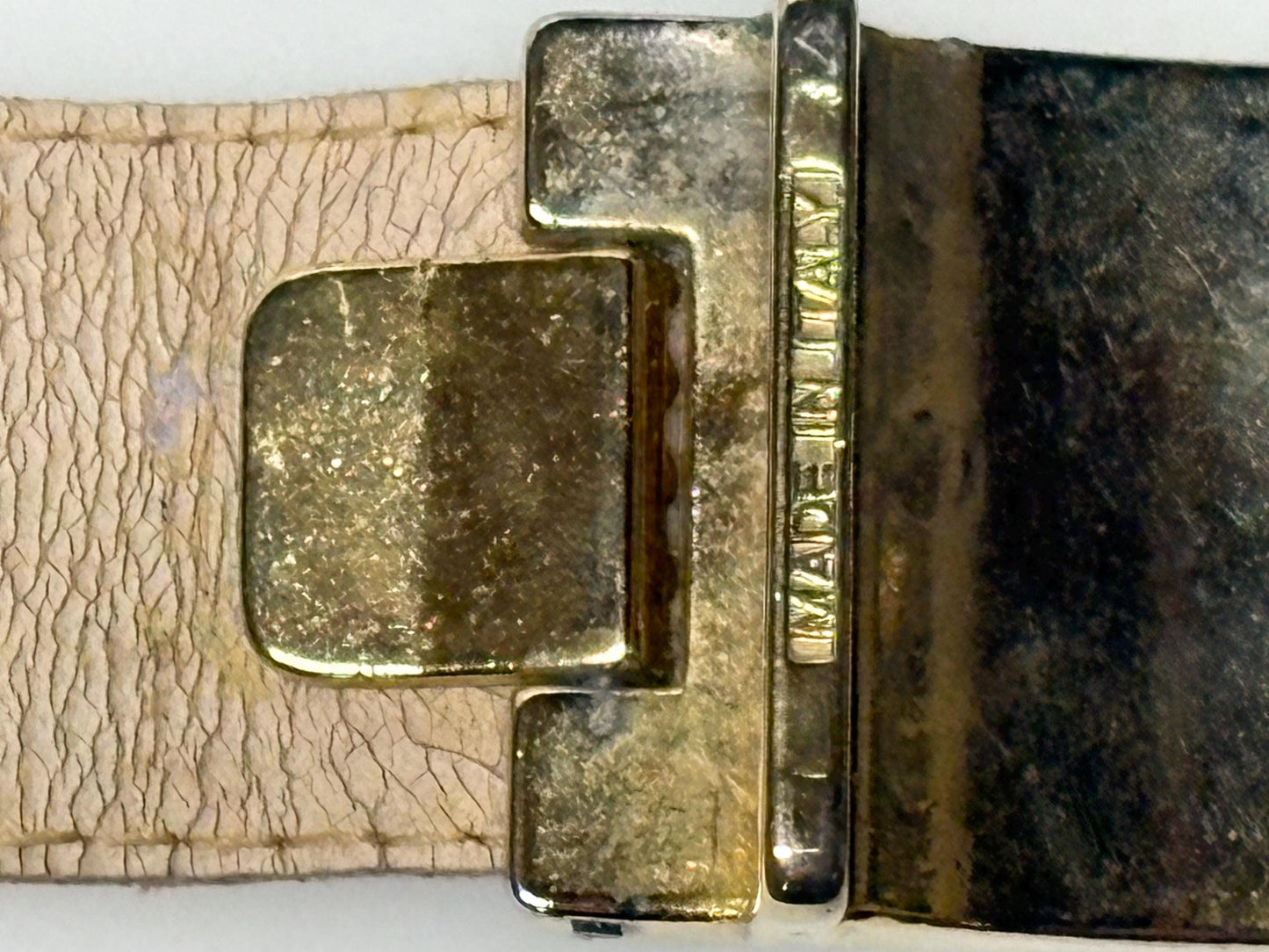Pierre Cardin 80s vintage belt in genuine snakeskin with neat sized rectangular enamelled black and brown striped buckle. Made in Italy