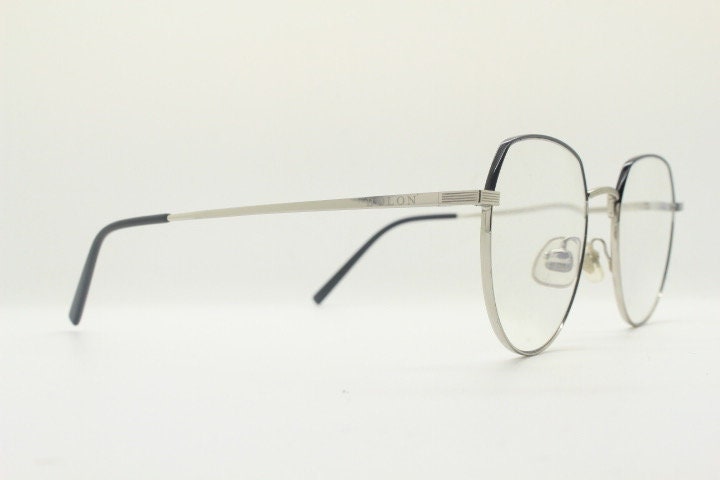 Bolon round panto flat top eye glasses model 7052. Slender silver metal optical frame with black brow. Prescription spectacles. Vintage RX