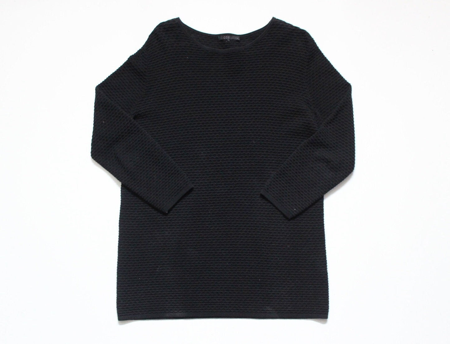 COS vintage Y2K round neck black waffle sweatshirt. Womens crew neck pullover jumper. 2000s sweater top. Long sleeve tunic dress