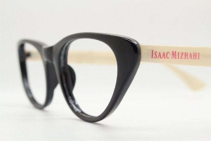 Isaac Mizrahi vintage cat eye glasses. Womens black gloss cateye optical frames with beige arms. Prescription RX eyeglasses. NOS spectacles