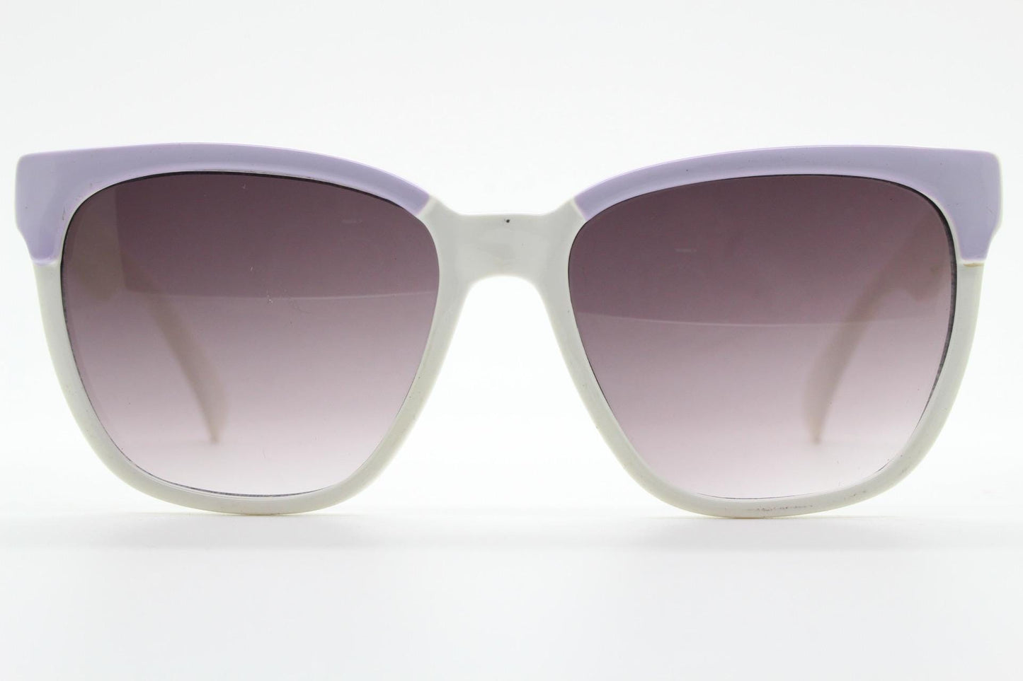 80s vintage square cat eye sunglasses. Women's ice white frame with lilac brows and smoky purple lenses. Rockabilly pin up cateye. NOS