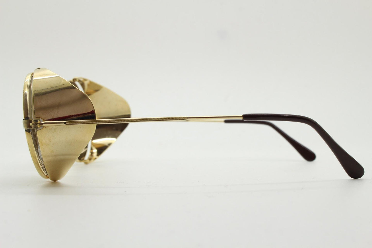 Farrows by Linda Farrow vintage 80s goggle sunglasses model 365. Gold chrome glacier design with matching mirror lenses. Blinkers. NOS