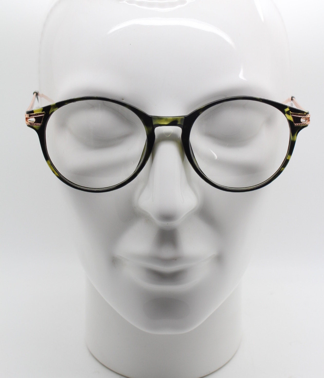 90s vintage round glasses with tortoise front and gold embossed arms. 40s, 50s style prescription optical frames. Clear lens eyeglasses. RX
