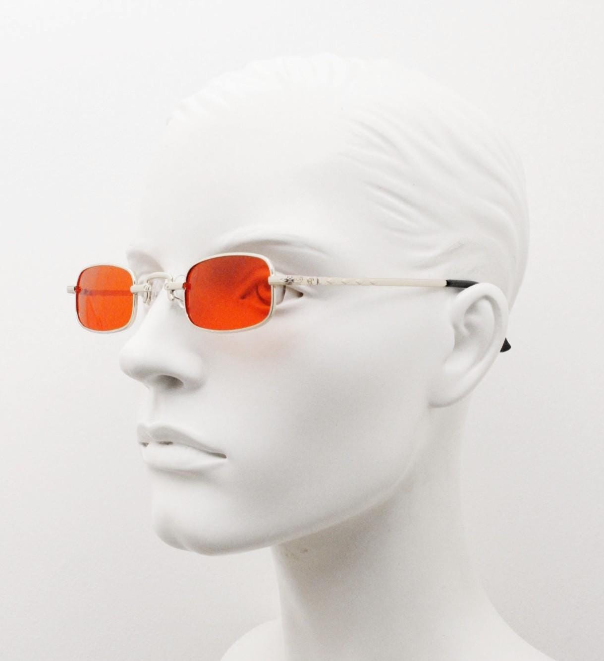 90s vintage small rectangular sunglasses. Imposing minimal gold metal victorian style frame with deep red lenses. Unused BNWT