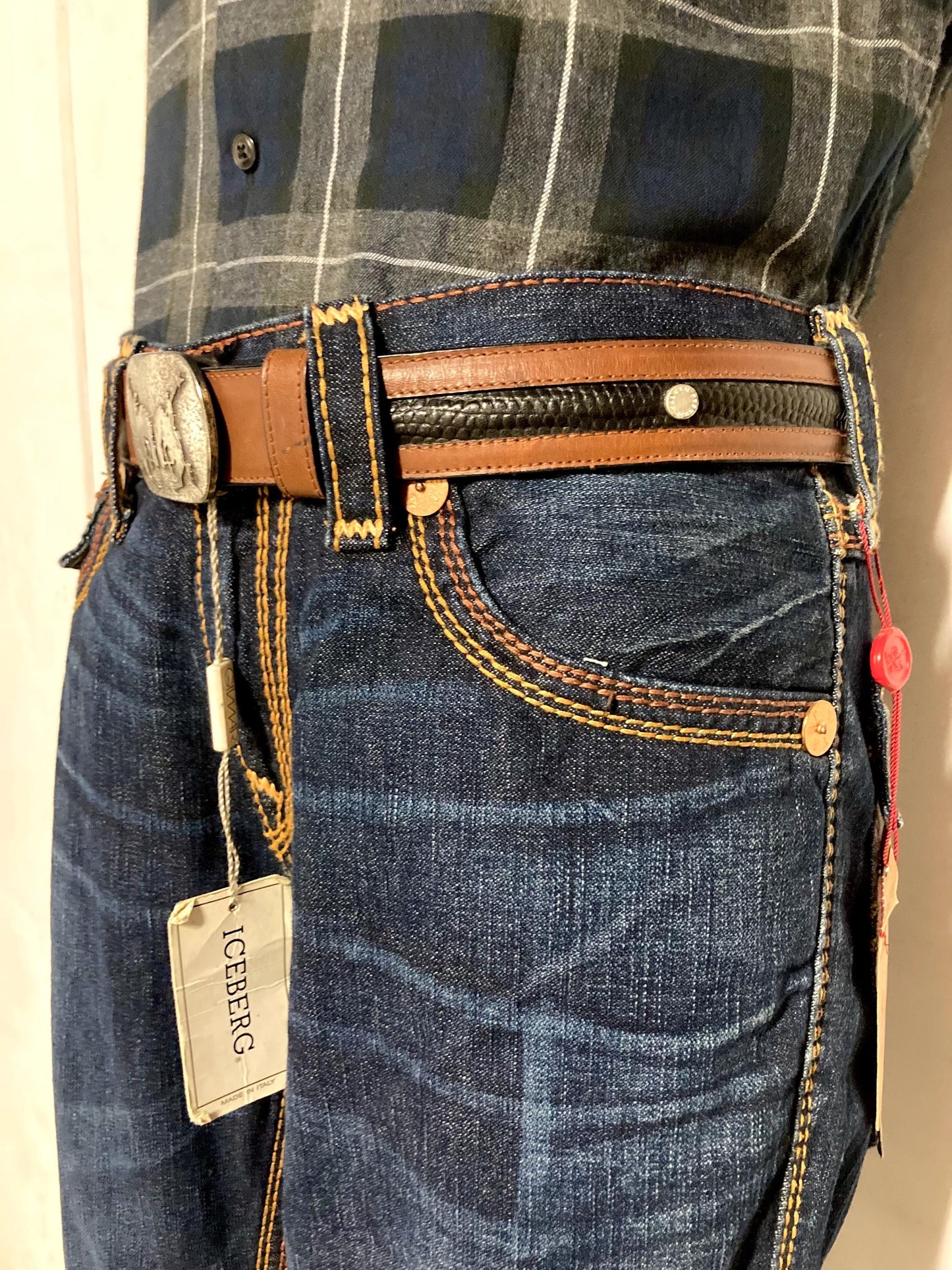Iceberg 90s vintage black and brown genuine leather belt with big silver buckle depicting bucking bronco's. Made in Italy. BNWT. NOS