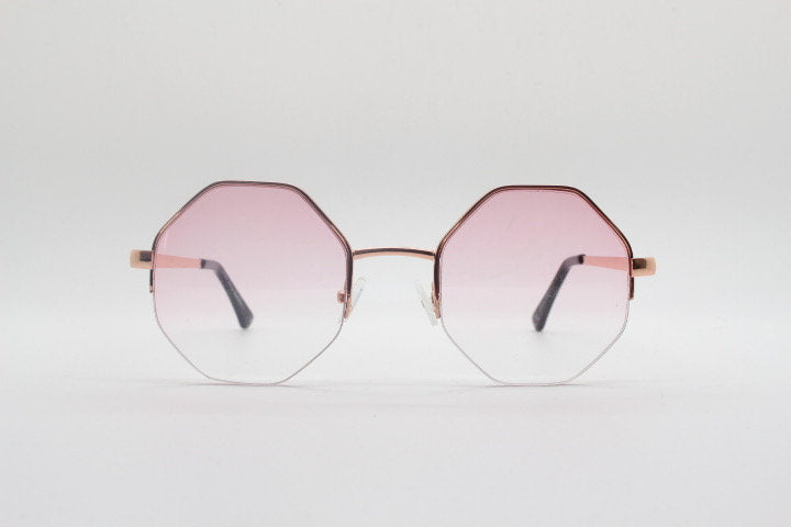 90s vintage octagon sunglasses. Blue 8 sided 60s design glasses with minimal half frame and gold arms. Hexagon. Unused NOS