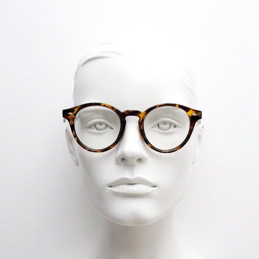 90s vintage round eye glasses. Tortoise gloss 40s design optical frame with keyhole bridge and clear lenses. Prescription RX Spectacles
