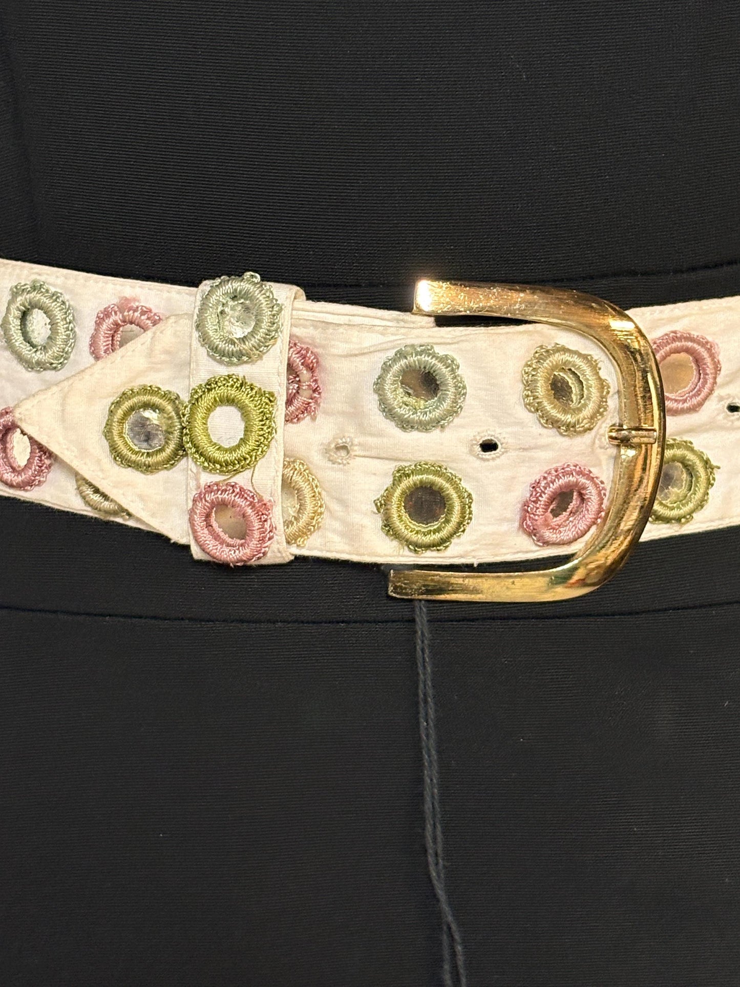 Y2K vintage womens dress belt by Stephanie Hirsch. White with pink and green embroidered little frames around mirror circles. 2000s. BNWT