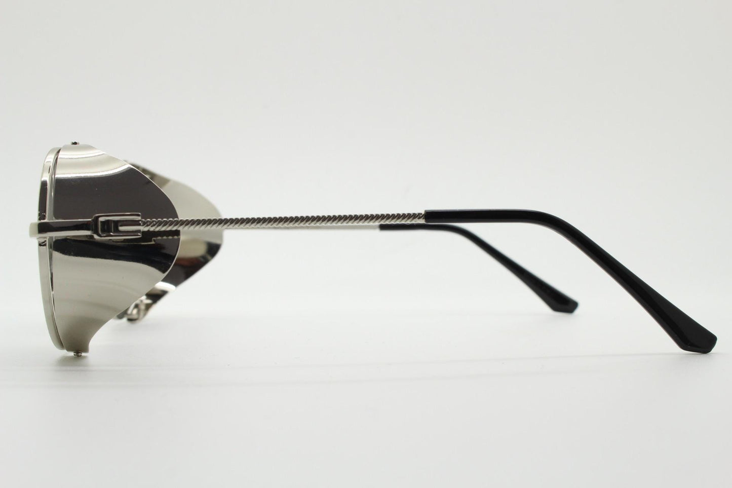 90s vintage round goggle sunglasses. All metal silver chrome frame with folding side blinkers. Spoilers. Steampunk. Cosplay. NOS