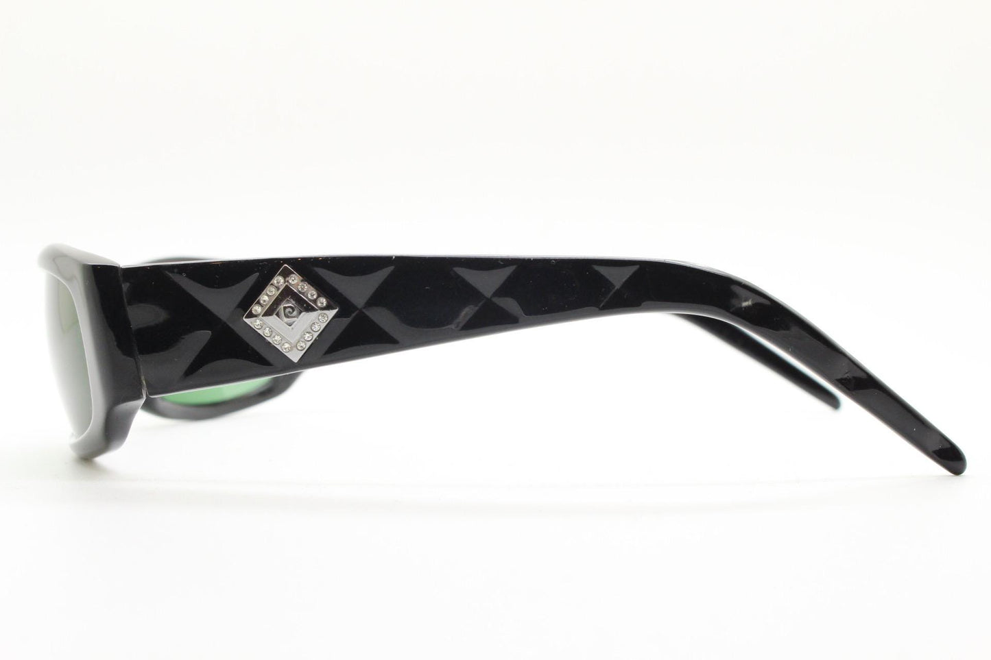 Pierre Cardin vintage 90s wrap around sunglasses made in Italy. Black acetate shield frame with quilted arms and diamante crest. NOS