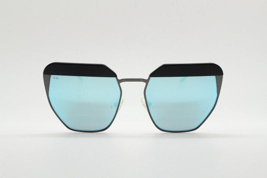For Arts Sake angular cat eye hand made sunglasses. Black flat top 'eyebrow' design with blue mirror lenses and gunmetal grey frame