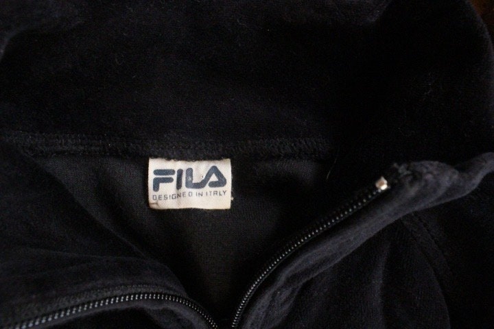 Vintage 80s Fila velour casual coat. Womens all black velvet double zipper long sleeve top. Original sport fashion grail