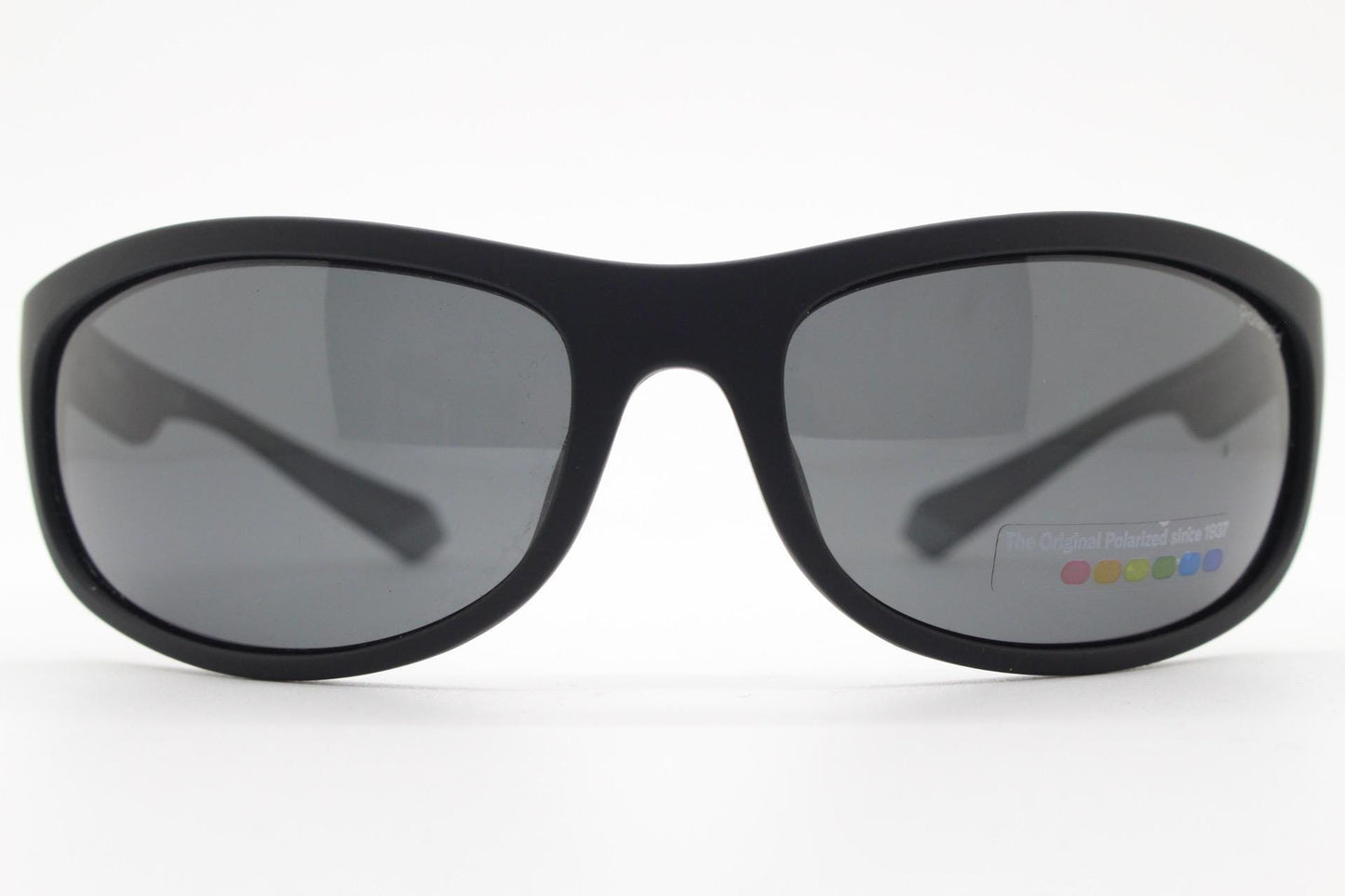 Polaroid vintage sports shield sunglasses. Black rubber finish curved wrap around frame with polarising lenses. 2000s. Y2K. Bug eye. NOS
