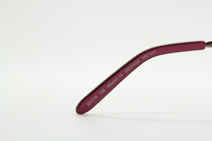 Missoni rectangular low profile eye glasses. Brown chrome optical frames with flower detail. Prescription eyeglasses. RX spectacles