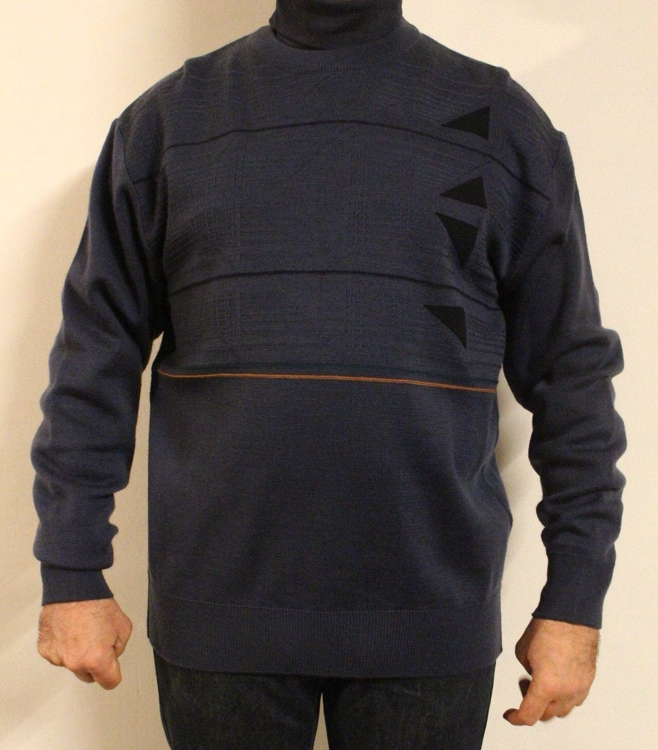 Gabicci vintage knit jumper with block pattern. Blue crew neck sweater. BNWT size L. 80s. One off sample pullover. Clearance - RRP 80 GBP