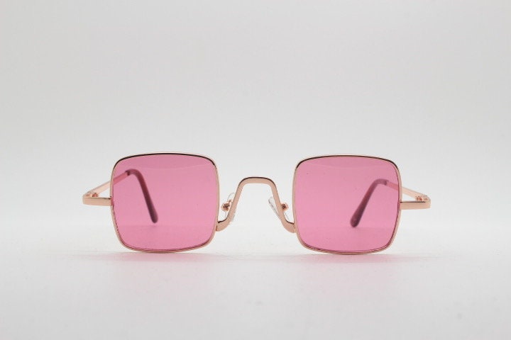 Y2K vintage small square sunglasses. Womens imposing minimal gold metal frame with pink lenses. Steampunk. Cosplay. Unused 2000s NOS