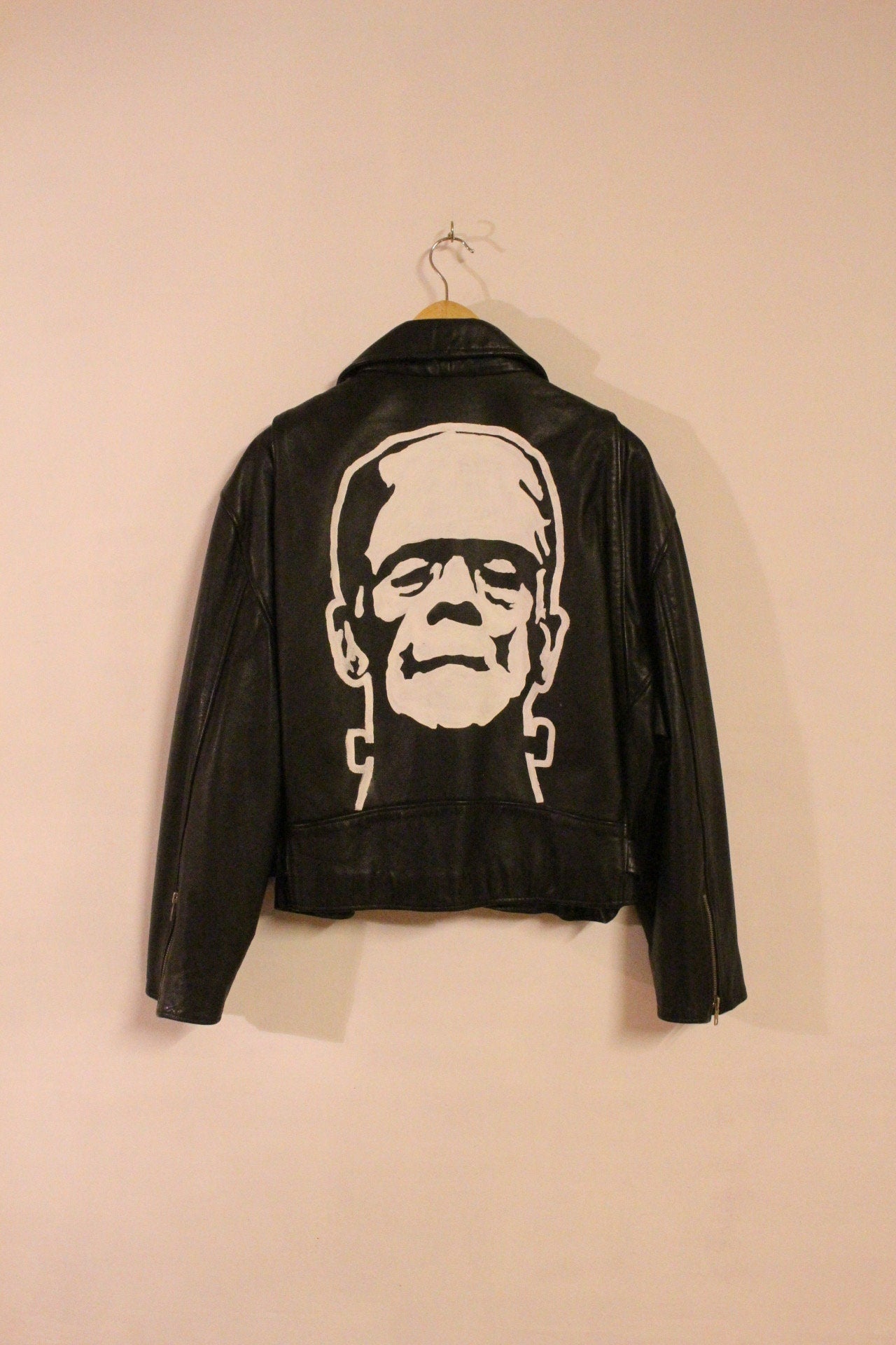 80s Vintage black motorcycle jacket with hand painted Frankenstein. Genuine leather biker with unique one off Boris Karloff design