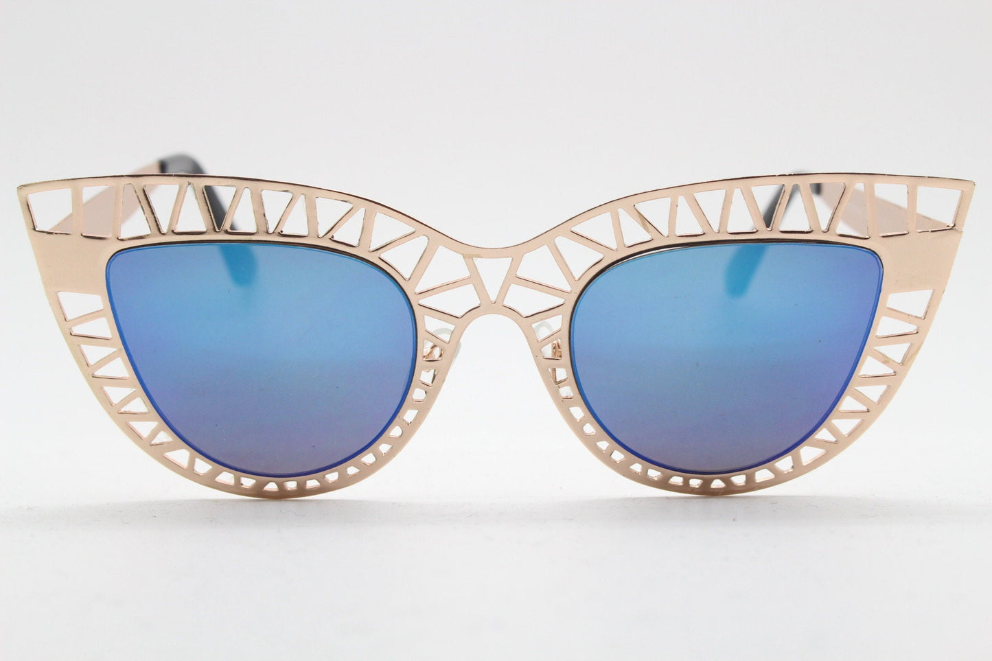 Y2K vintage metal cat eye sunglasses. Women's extraordinary gold cut out lattice scaffold cateye frame with blue mirror lenses. 2000s. BNWT