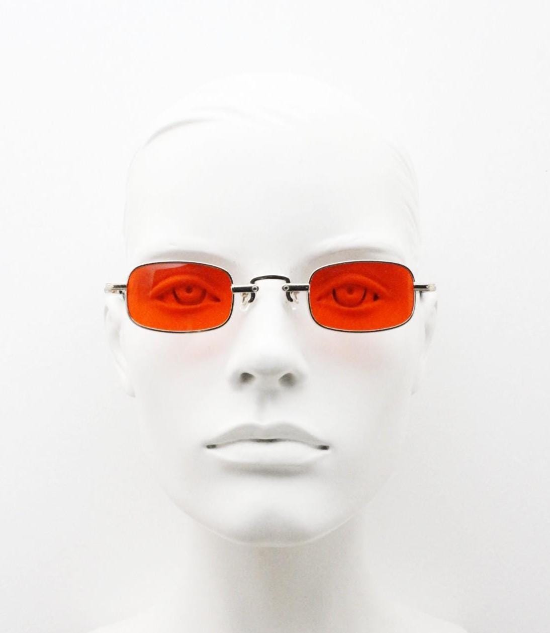 90s vintage small rectangular sunglasses. Imposing minimal gold metal victorian style frame with deep red lenses. Unused BNWT