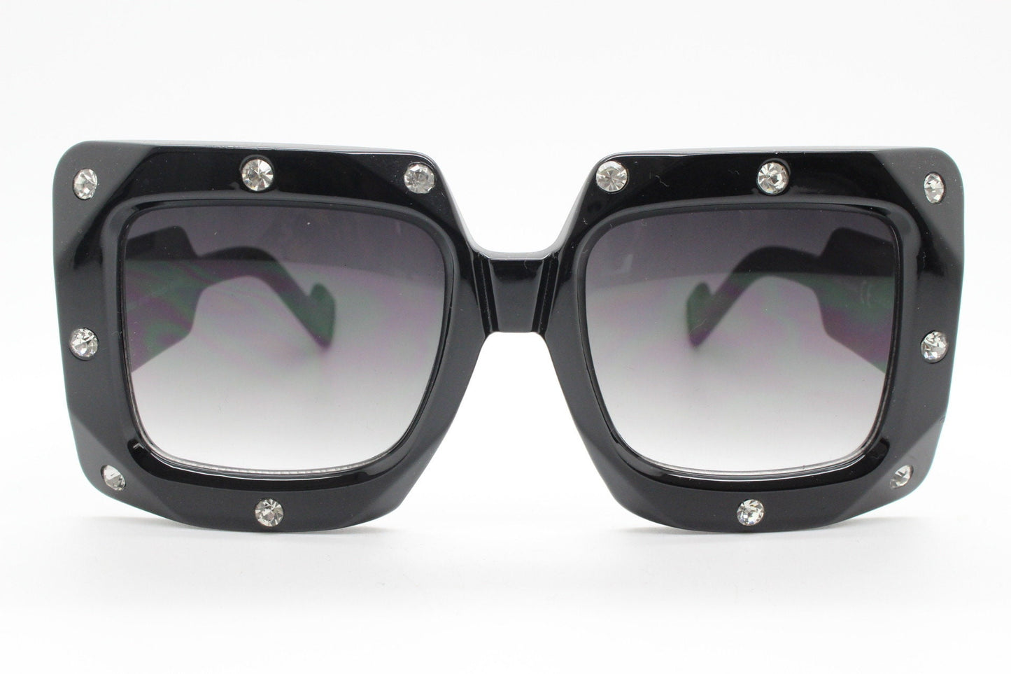 Y2K vintage oversized square diamante sunglasses. Blockbuster women's thick black frame with big rhinestones and smoky lenses. 2000s. BNWT