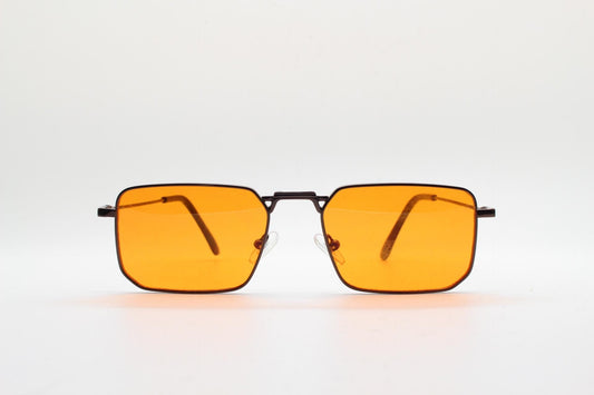 90s vintage angular 6 sided sunglasses. Brown chrome metal frame with blazing flat orange lenses. Rectangular psychedelic sunnies. BNWT