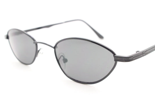 90s vintage low profile sunglasses. Minimal small black angular oval metal frame with matching lenses, Unused. BNWT
