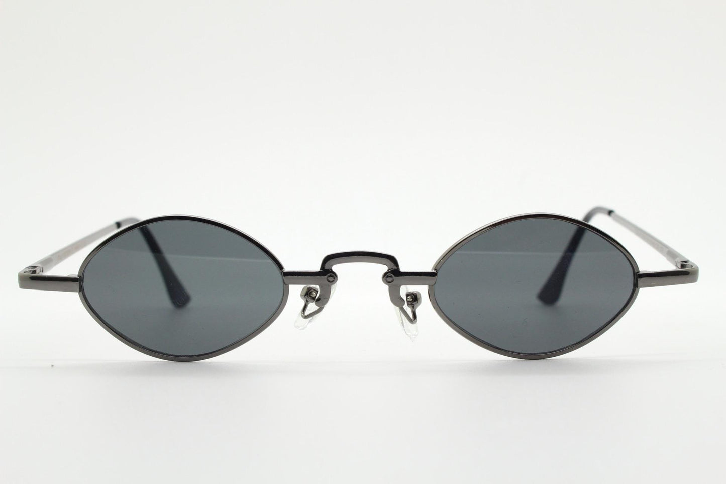 90s vintage small oval sunglasses. Imposing minimal gunmetal grey metal victorian style frame with black lenses. Steampunk. Unused BNWT