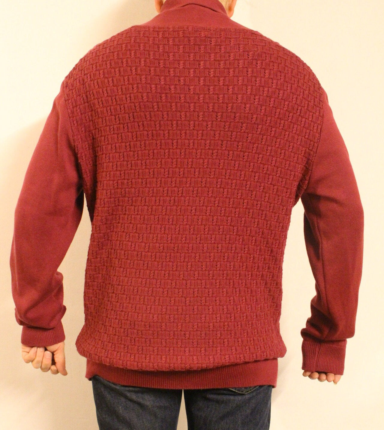 Gabicci vintage waffle knit pullover jumper with small buttoned shawl collar. Mens red sweater. Size XL. NOS clearance item -rrp 80 GBP