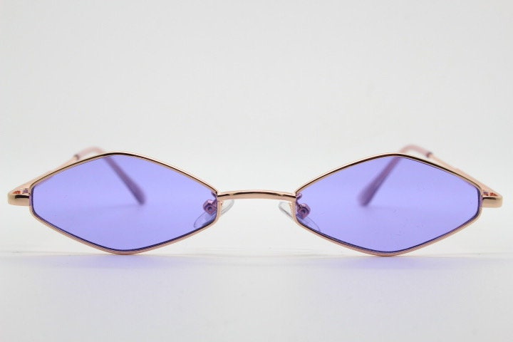 90s vintage small diamond sunglasses. Minimal gold psychedelic mod style frame with bright purple lenses. Unused New Old Stock