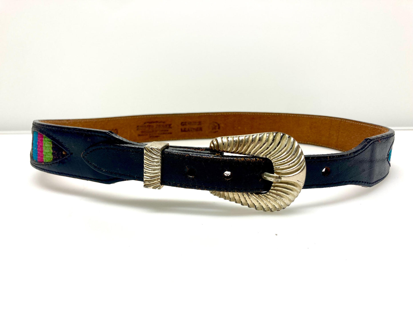 Leegin 80s vintage Silver Creek Collection Native American belt. Leather cutout overlay on tapestry backing. Changeable buckle. USA made NOS