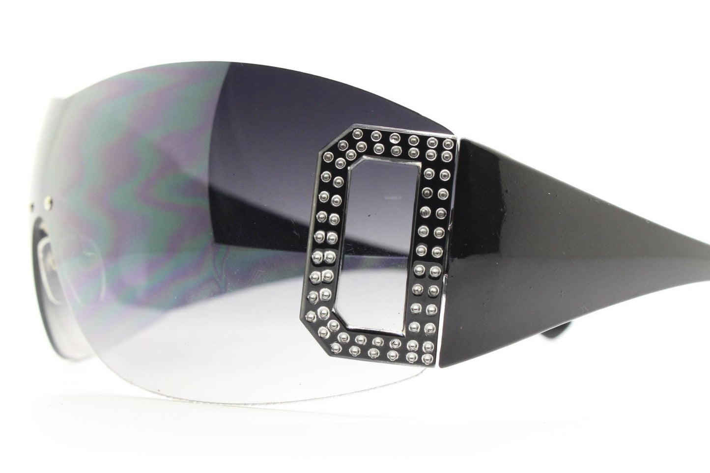 Y2K vintage visor sunglasses. 2000's black wraparound mono lens shield design with big diamante effect crest. 00s uber fashion mini mask NOS