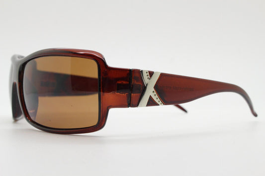 Y2K vintage visor sunglasses. Transparent brown wrap around shield with curved lenses and big X crest. 2000s biker bug eye. NOS