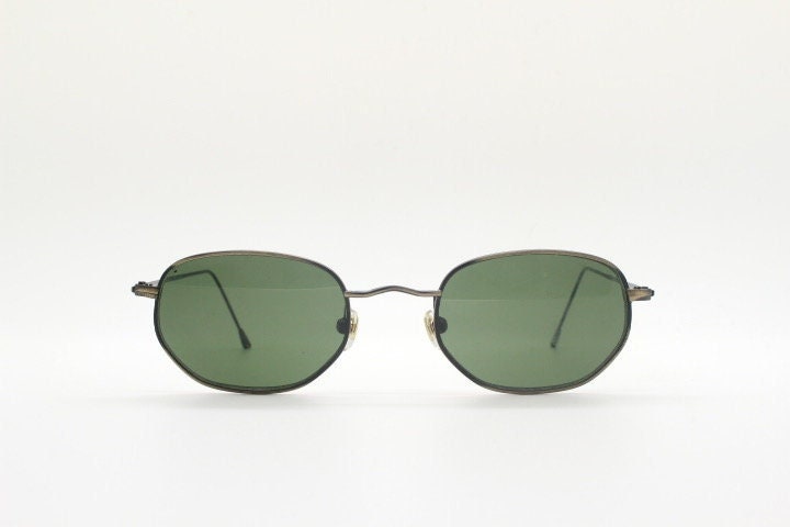 90s  vintage metal oval sunglasses. Minimal brushed brown bronze finish slim wire  frame with green lenses. Steampunk. Unused NOS