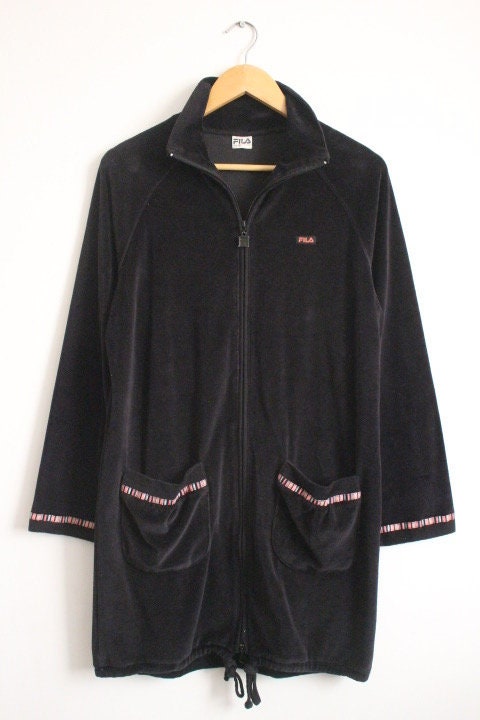 Vintage 80s Fila velour casual coat. Womens all black velvet double zipper long sleeve top. Original sport fashion grail