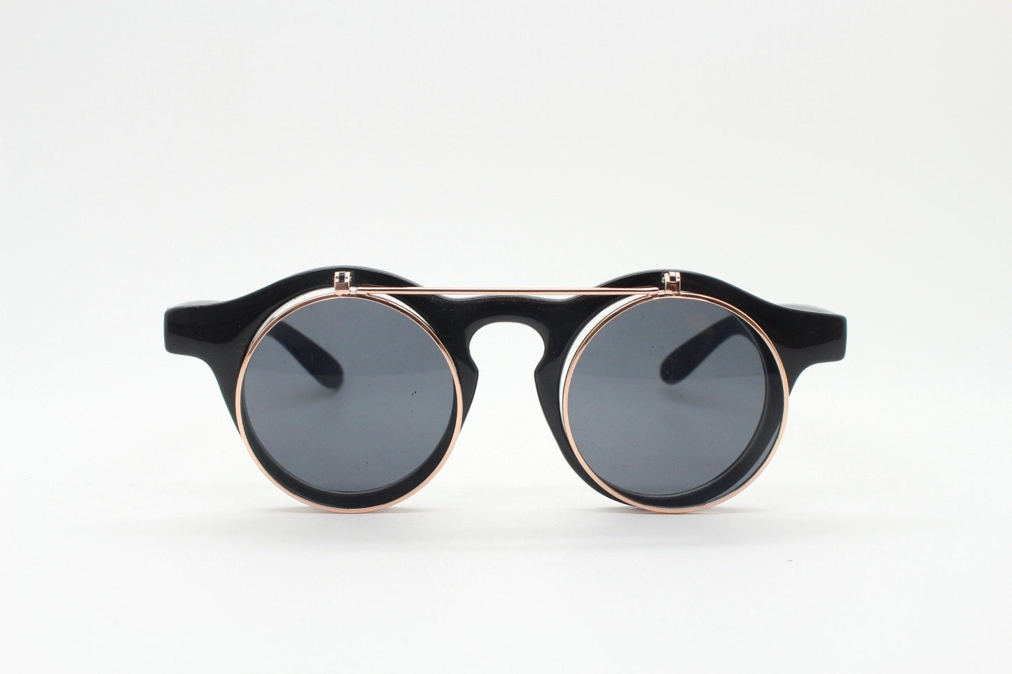 Vintage 90s round flipper sunglasses. 30s style black frame with clear lenses and flip up sunglasses visor. BNWT unused