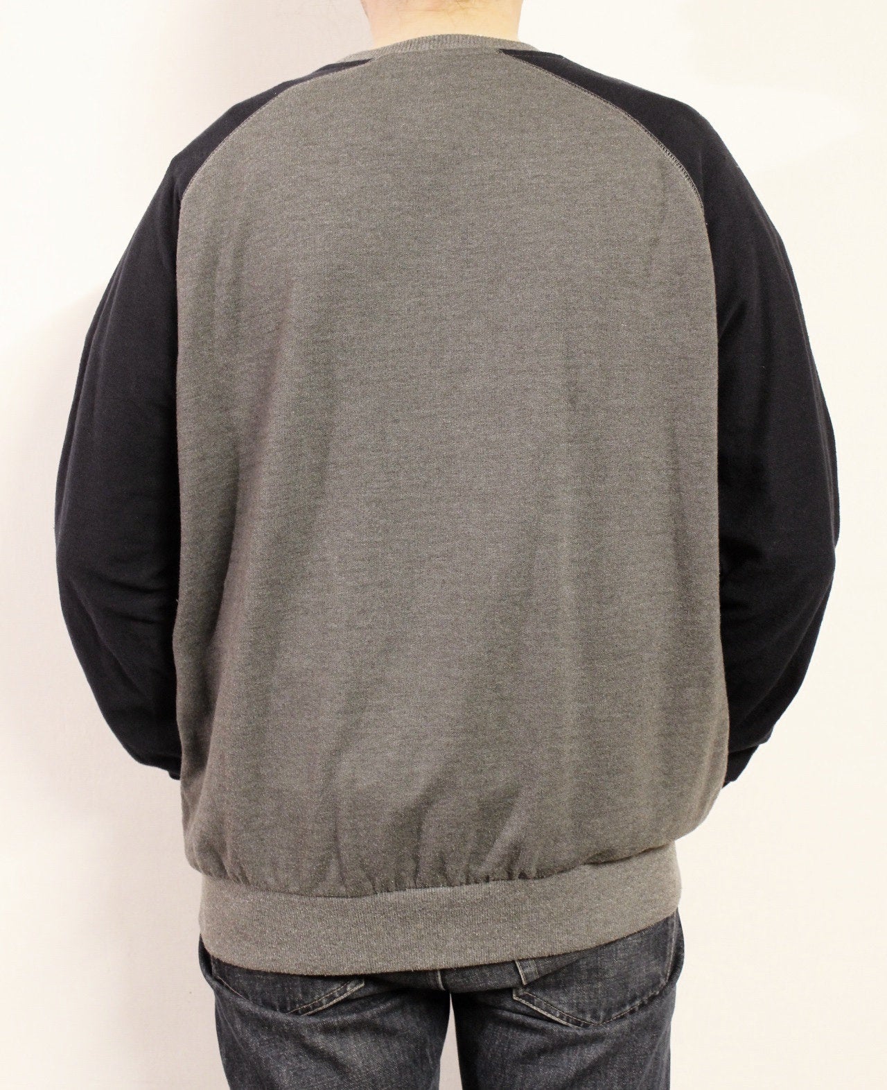 Grey paisley sweatshirt with navy blue sleeves. Mens crew neck pullover. Fitted round neck jumper size medium