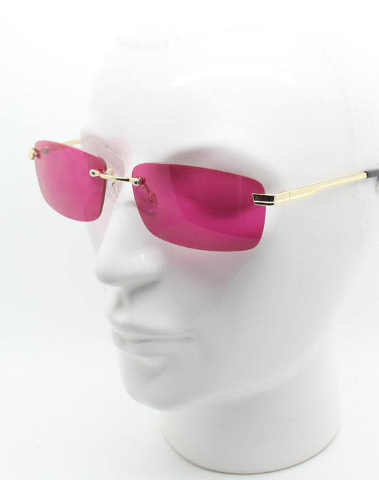 Y2K vintage frameless pink sunglasses. Rectangular lenses with gold bridge and arms. 2000s club kids. 00's. 90s Rave