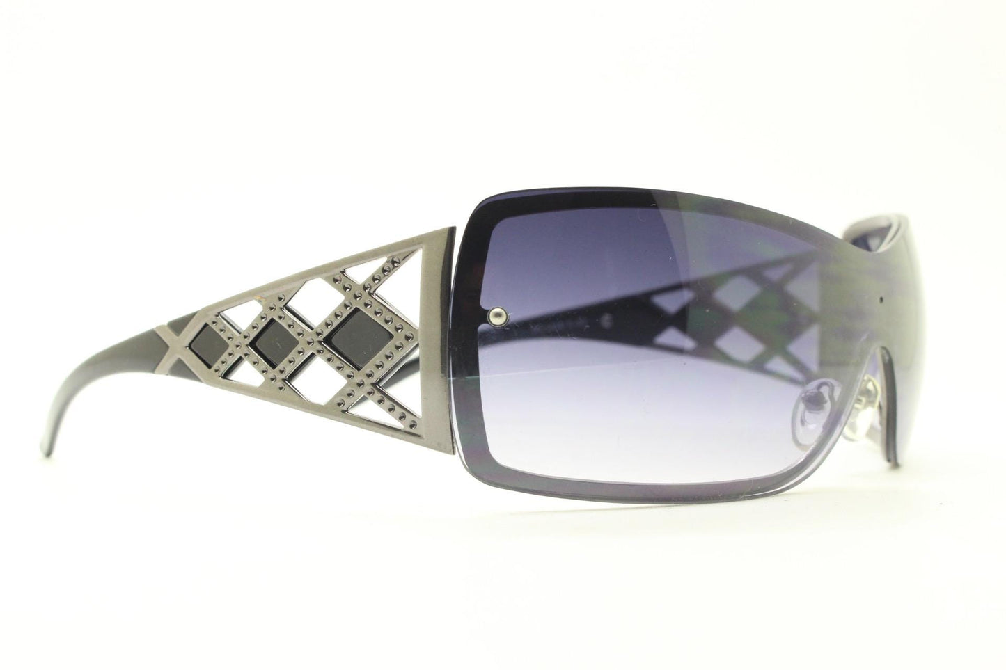 Y2K vintage visor sunglasses. 2000's grey wraparound mono lens mini mask shield design with stupendous lattice arms. Bug eye. Unworn NOS
