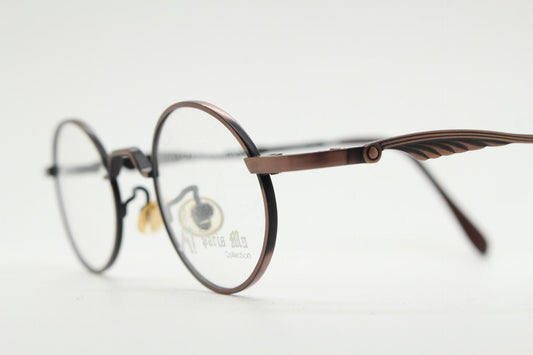 Paris Ma 90s vintage small oval eye glasses. Brushed bronze optical frames with scrolled arm details. Prescription. Steampunk spectacles NOS