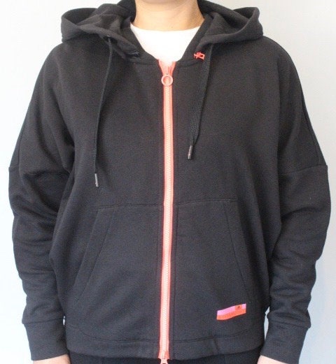 Stella Mc Cartney for Adidas Stellasport vintage zipper hoody. Black batwing track top with pink double zip detachable hood and tail section